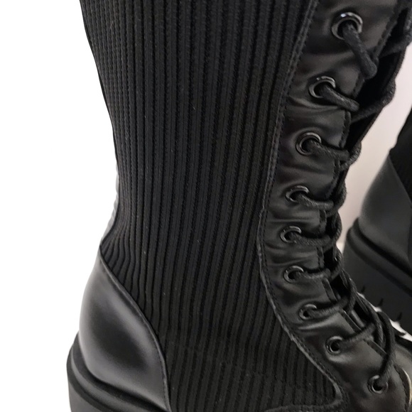 ASOS Truffle Collection Black Knee High Vegan Leather and Knitted Chunky Boots - Picture 8 of 8